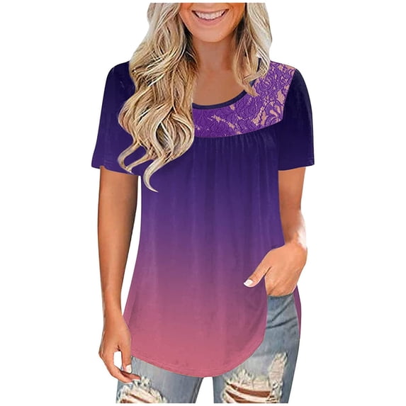 Summmer Inleife Women's Round Neck Short Sleeve Gradient Printing Blouses Casual Summer Tops Tee