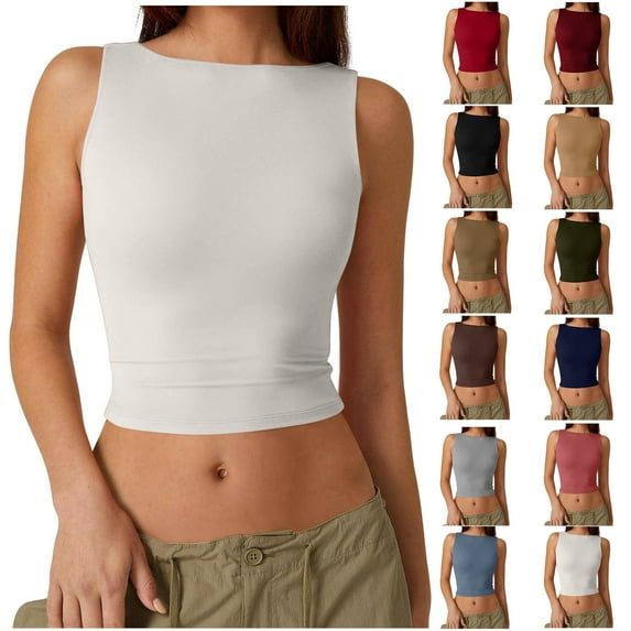 Summmer Savings Clearance! Womens Tank Tops Women's Fashionable Solid Open Back Round-Neck Tank Top Sleeveless Casual Blouses Beach Vacation Clothes for Women S-2XL