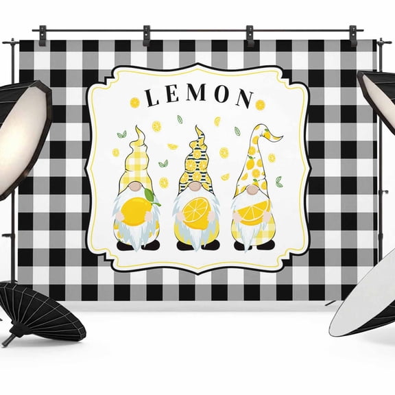 Summr Lemon Gnomes Backdrop for Photoshoot,Photography Photo Studio Background Wall Backdrop,Farmhouse Rustic Black Plaid Back Drop Banner Panel for Portraits Wedding Party Live Streaming Decor 7x5Ft