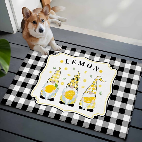 Summr Lemon Gnomes Bathroom Mat 2x3 FT, Non Slip Small Kitchen Mat, Farmhouse Rustic Black Plaid Washable Backed Front Door Throw Rug Non-Shedding Indoor Outdoor Doormat for Entryway Sink