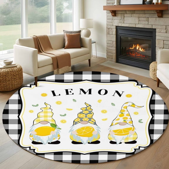 Summr Lemon Gnomes Round Area Rug 6 FT, Non Slip Bedroom Area Rug, Farmhouse Rustic Black Plaid Washable Circular Carpet Non-Shedding Floor Mat for Kitchen Dining Room Home Office Kids Room