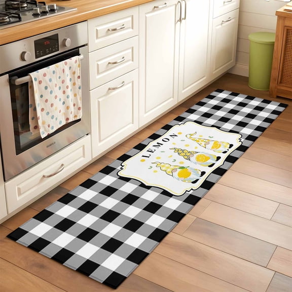 Summr Lemon Gnomes Runner Rug 2x6 FT, Non Slip Hallway Carpet, Farmhouse Rustic Black Plaid Washable Floor Carpet Throw Runner Carpet Long Rug for Entryway Kitchen Bedside Sliding Door