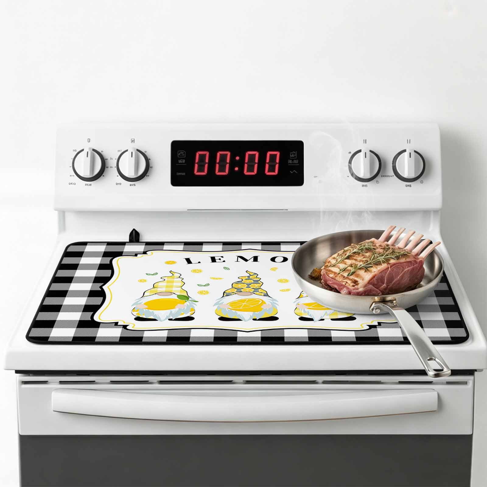 Summr Lemon Gnomes Stove Top Cover for Electric Stove, Heat-proof & Non Slip Glass Top Stove Cover Protector, Farmhouse Rustic Black Plaid Kitchen Flat Cooktop Rubber Mat 24x21 Inches
