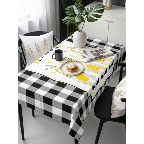 Summr Lemon Gnomes Tablecloth Rectangle Table Cloths 54x108, Waterproof Tablecloth Outdoor Table Cloth, Farmhouse Rustic Black Plaid Washable Table Cover for Kitchen Dinning Party