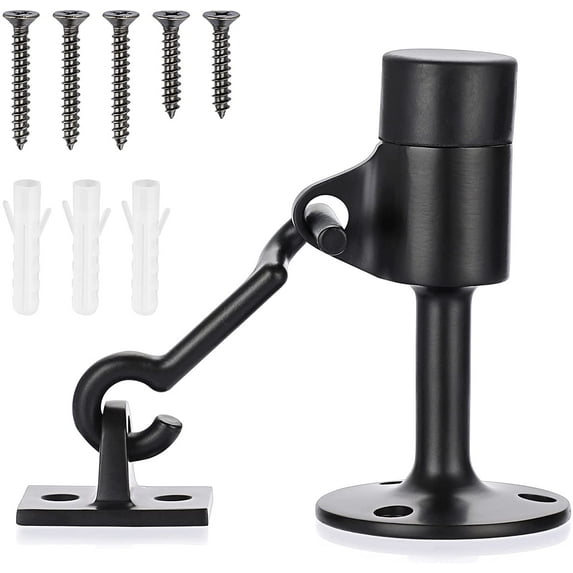 Sumnacon Sturdy Door Stopper with Hook - Stainless Steel Modern Door Stop with Rubber Buffer, Wall Mounted Metal Doorstop with Hardware for Home Office, Black