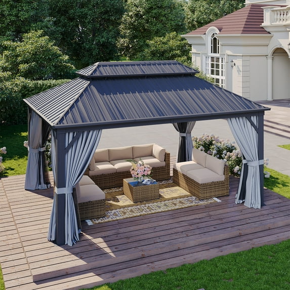 Sumnthink 12'x16' Hardtop Gazebo, Steel Double Galvanized Top Canopy, Aluminum Frame Permanent Pavilion Metal Gazebo with Netting and Curtains, for Patio, Garden, Lawn