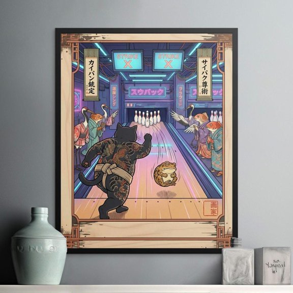 Sumo Cat Bowling Print, Japanese Retro Wall Art