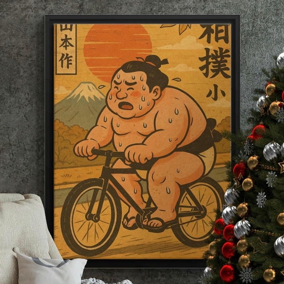 Sumo Wrestler On Bike Japanese Art Print Funny Asian Wall Decor