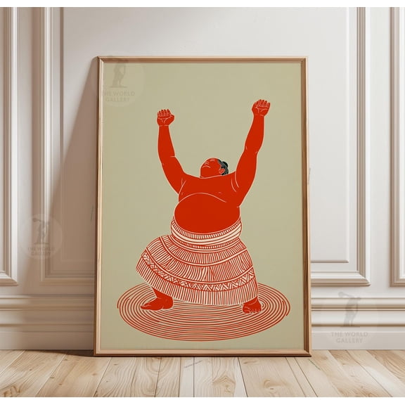 Sumo Wrestler Poster Green Red Linocut Style Paper Wall Art