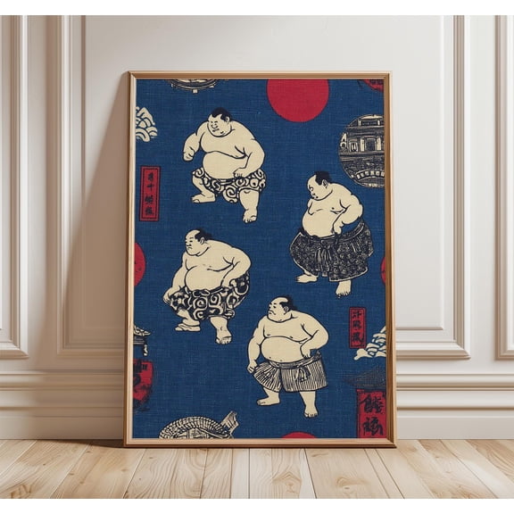 Sumo Wrestlers Art Print, Indigo Ukiyo-e Japanese Decor, Poster Only