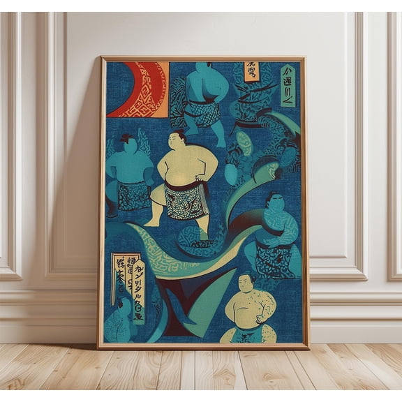 Sumo Wrestlers Art Print, Ukiyo-e Style, Indigo Textile Poster, Poster Only