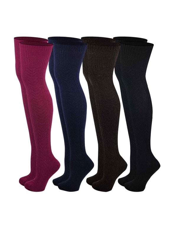 4 Pairs Winter Wool Cable Knit Over The Knee Thigh High Boot Socks