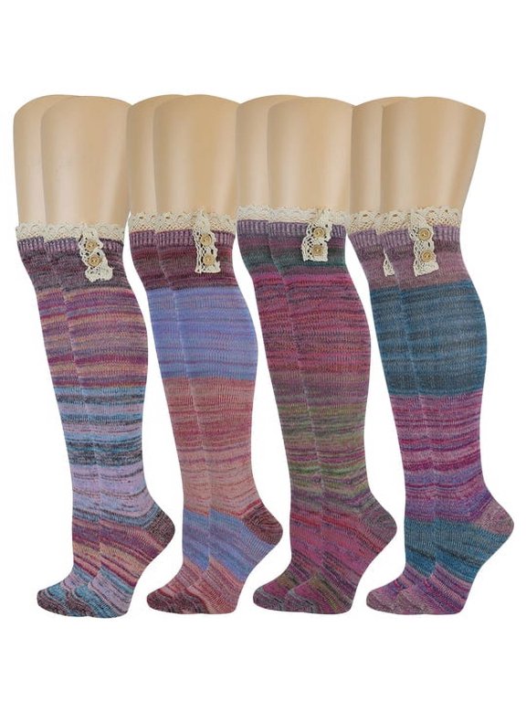 4 Pairs Women Assorted Color Over the Knee Socks with Buttons and Lace