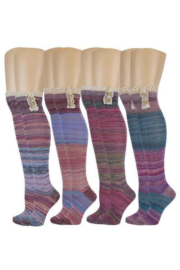 4 Pairs Women Assorted Color Over the Knee Socks with Buttons and Lace
