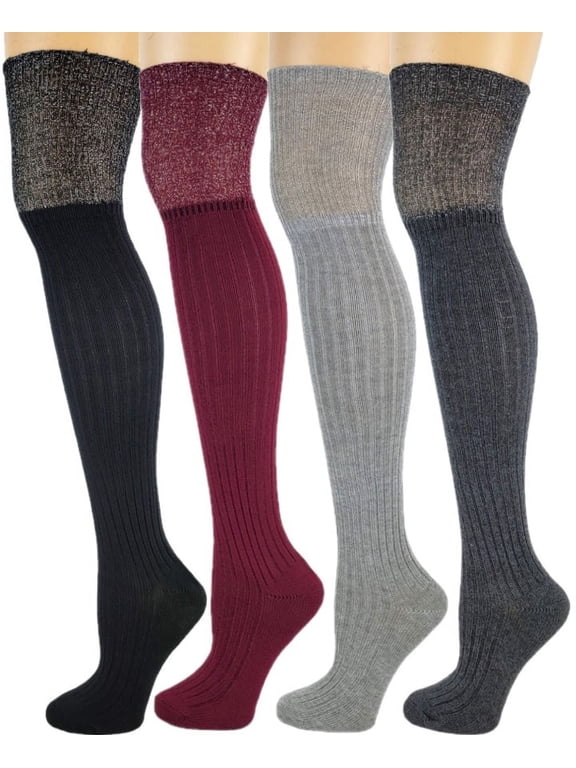 4 Pairs Women Assorted Color Over the Knee Socks with Lurex Thread