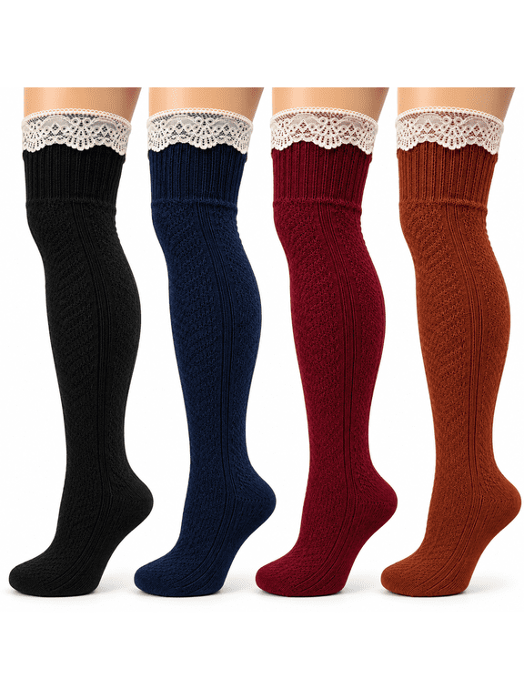 4 pairs women cable knit winter wool Over the knee Thigh high boot Socks With lace