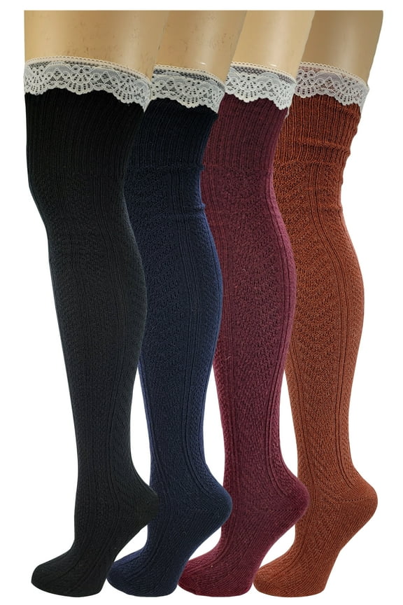 4 pairs women cable knit winter wool Over the knee Thigh high boot Socks With lace