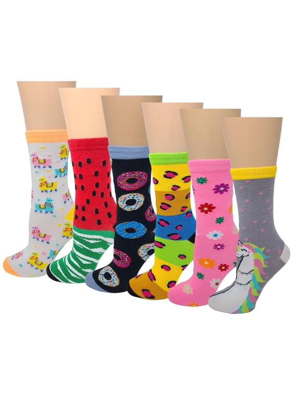 6 Pairs Women Bright Colorful Assorted Fancy Design Novelty Crew Socks 9-11