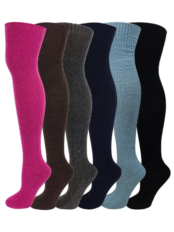 6 Pairs Women Cable Knit Winter Wool Over The Knee High Boot Socks
