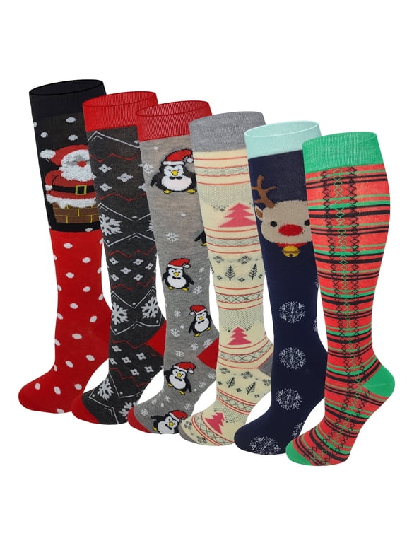 6 Pairs Women Christmas Holidays Festive Design Novelty Knee High Socks