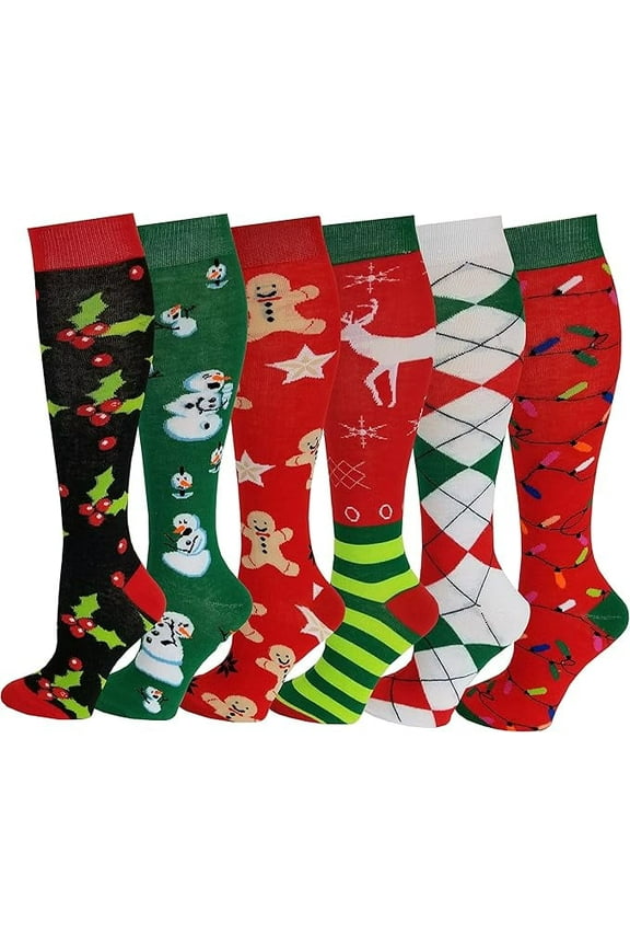 6 Pairs Women Christmas Holidays Festive Fancy Design Knee High Socks