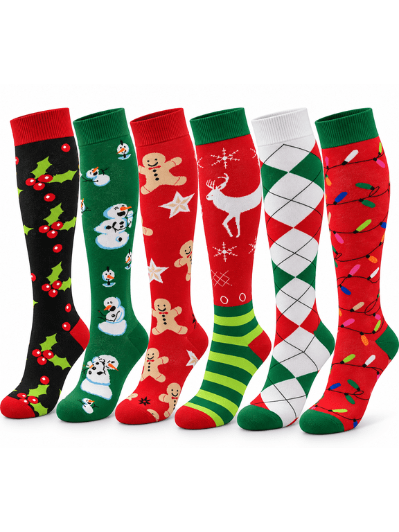 6 Pairs Women Christmas Holidays Festive Fancy Design Knee High Socks
