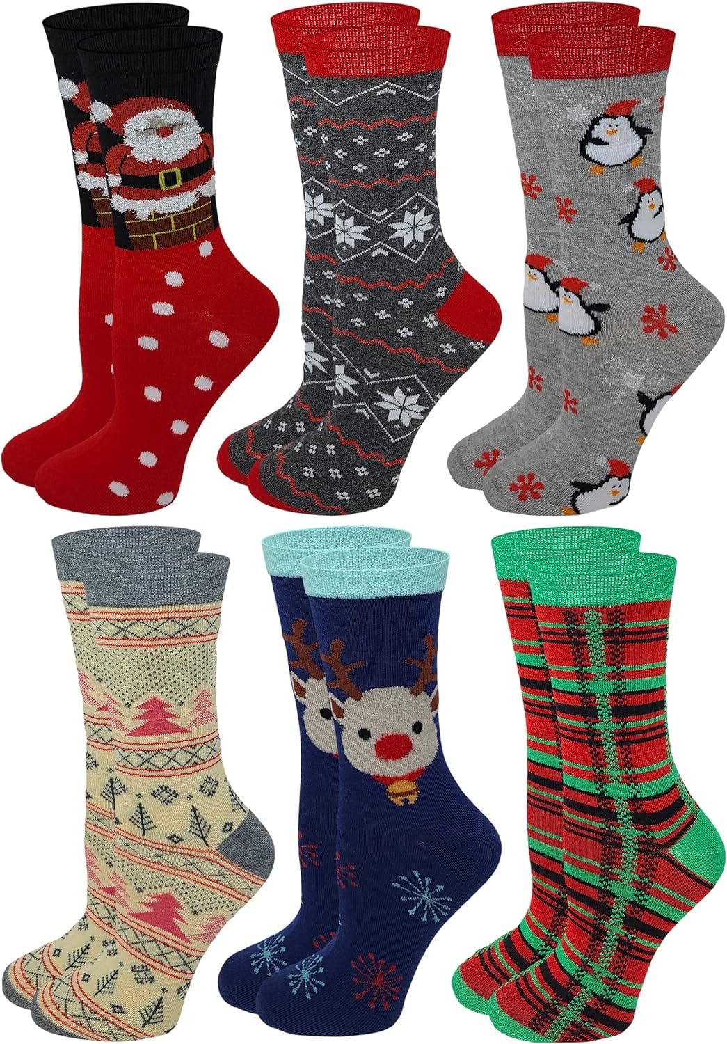 SUMONA 6 Pairs Women Christmas Holidays Novelty Design Crew Socks 9-11