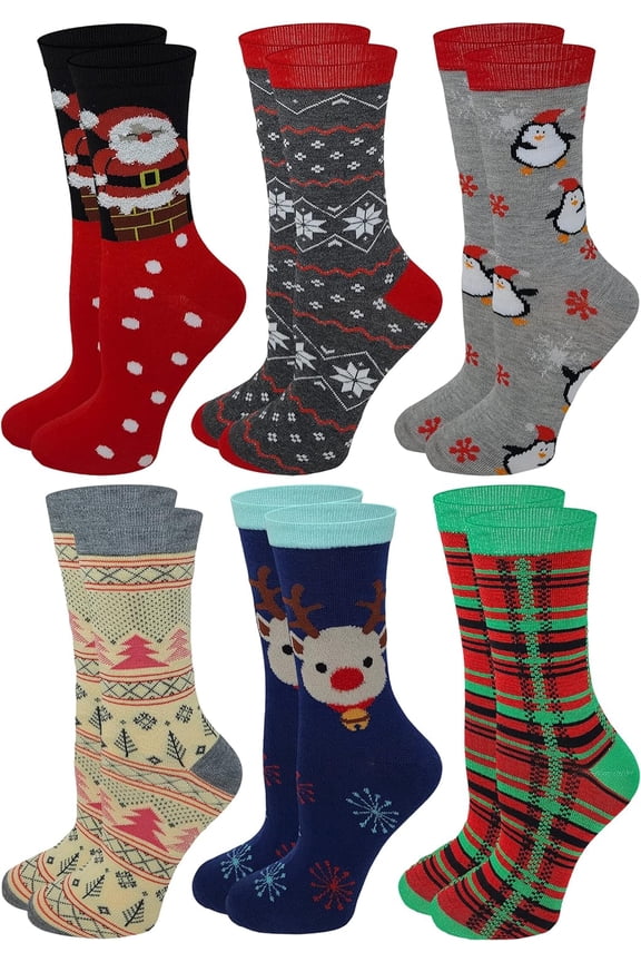 6 Pairs Women Christmas Holidays Novelty Design Crew Socks 9-11