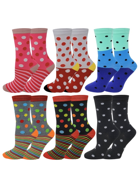 6 Pairs Women Colorful Fancy Polka Dot Design Novelty Crew Socks