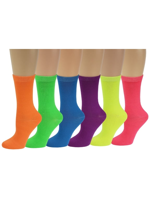 6 Pairs Women Fancy Design Solid Neon Color Crew Socks