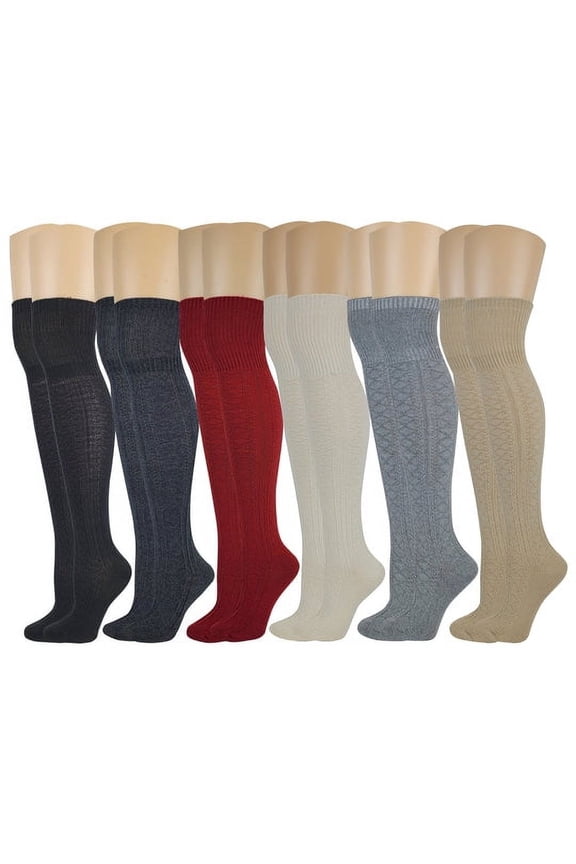 6 Pairs Women Knit Assorted Colors Over the Knee Socks