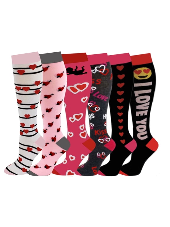 6 Pairs Women's Novelty Valentines Day Kiss, Hugs, I Love You, Cupid Knee High Socks One Size Fits All