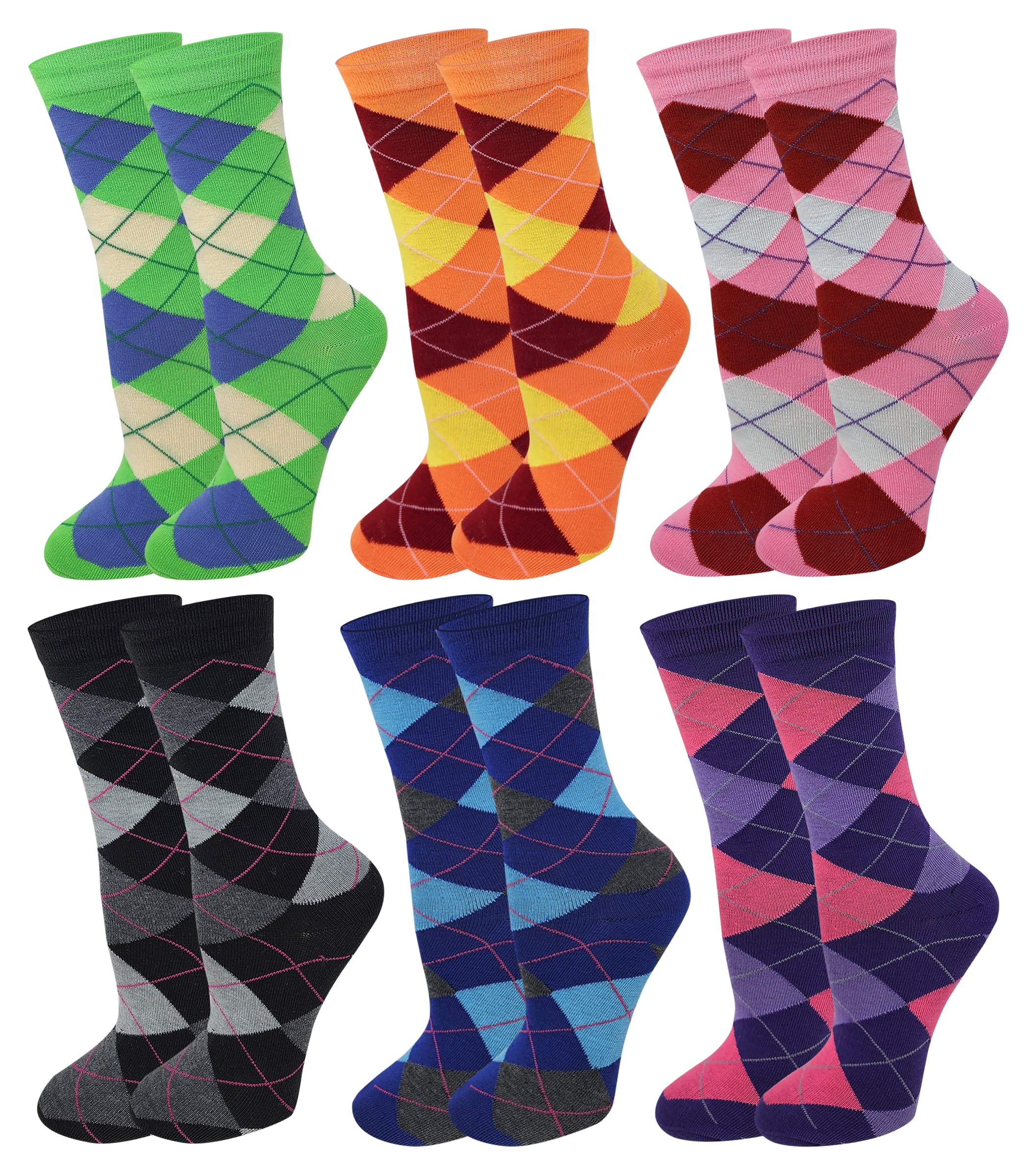 SUMONA 6 pairs Women Argyle Fancy Design Novelty Colorful Crew Socks 9-11