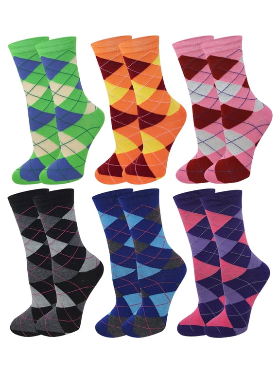6 pairs Women Argyle Fancy Design Novelty Colorful Crew Socks 9-11