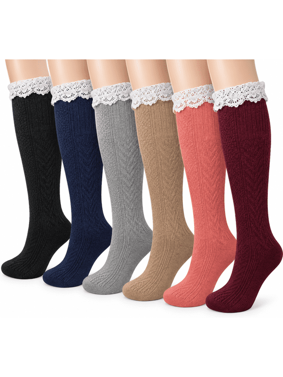 6 pairs women cable knit winter wool knee high boot socks With lace