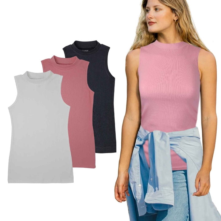 Sumona Mock Neck Cotton Blend Tank Top Everyday High-neck Women 3 Pack ...
