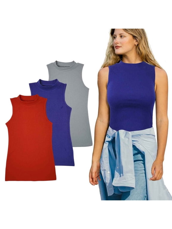Mock Neck Cotton Blend Tank Top Everyday High-neck Women 3 Pack