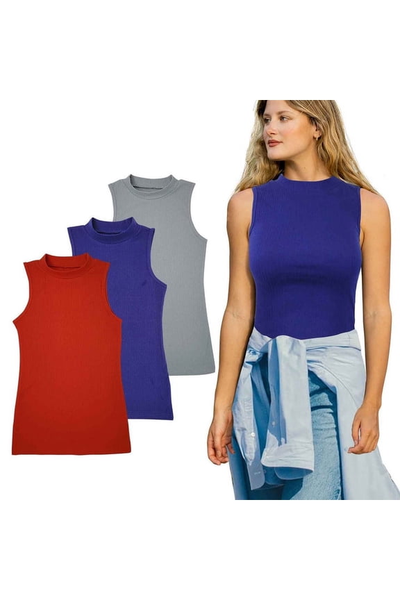 Mock Neck Cotton Blend Tank Top Everyday High-neck Women 3 Pack