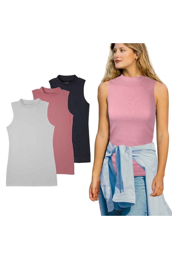Mock Neck Cotton Blend Tank Top Everyday High-neck Women 3 Pack