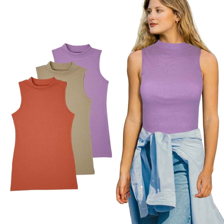 Sumona Mock Neck Cotton Blend Tank Top Everyday High-neck Women 3 Pack ...
