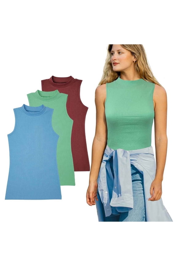 Mock Neck Cotton Blend Tank Top Everyday High-neck Women 3 Pack