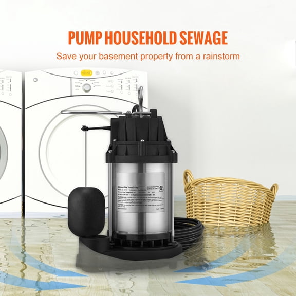 Sump Pump, 1/2 HP 3960 GPH, Submersible Stainless Steel Water Pump, 1-1/2" NPT Discharge With 33 ft Cord, Automatic Float Switch with Piggy-back Plug, for Indoor Basement Water Basin