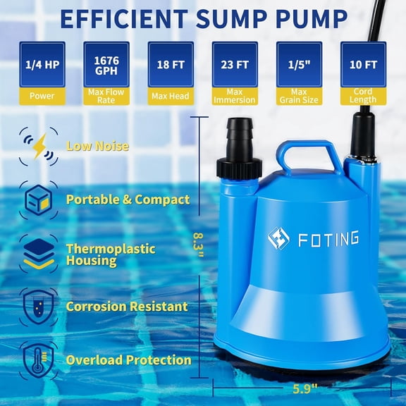 Sump Pump, 1/4HP 1676GPH Portable Submersible Water Pump for Clean & Dirty Water Removal, Thermoplastic Electric Utility Pump for Pool Draining Hot Tub Garden Basement
