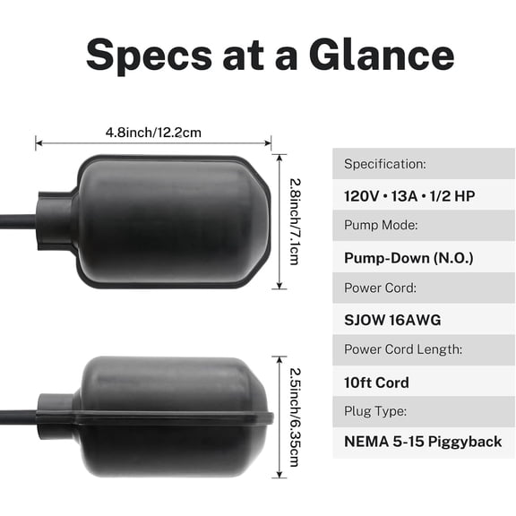 Sump Pump Float Switch 13A 1/2HP, Pump-Down, Piggyback Plug, 10ft cord