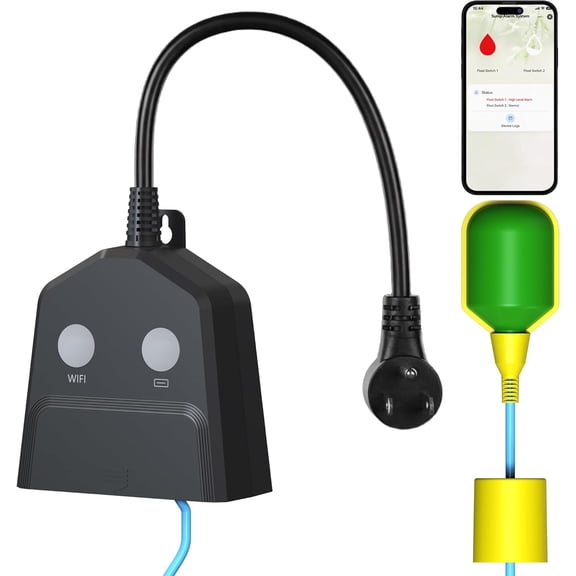 SumpPumpAlarmWiFiSmart High/LowWaterLevel Alarm withAlarmactivated OutletFreeAppAlertsBuilt-in BackupBattery110dBSiren10ftFloatSwitchforSepticTankSumpPump Ponds&Water Tank