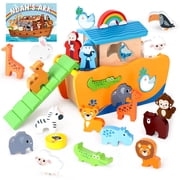 Sumsoltic 27-Piece Wooden Noahs Ark Toy for 1-3 Year Olds Baptism Christmas Birthday Gift Bilingual Bible Story Montessori Shape Sorter Christian Educational Toy for Boys Girls