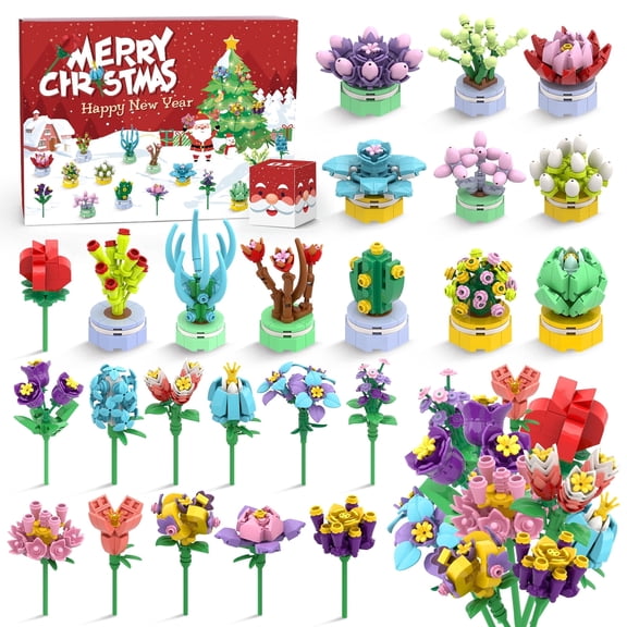 Sumsoltic Advent Calendar , 24 Pack Succulent & Bouquet Building Blocks for Kids, Christmas Countdown Calendar for boys and girls