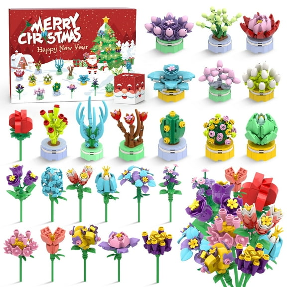 Sumsoltic Advent Calendar , 24 Pack Succulent & Bouquet Building Blocks for Kids, Christmas Countdown Calendar for boys and girls