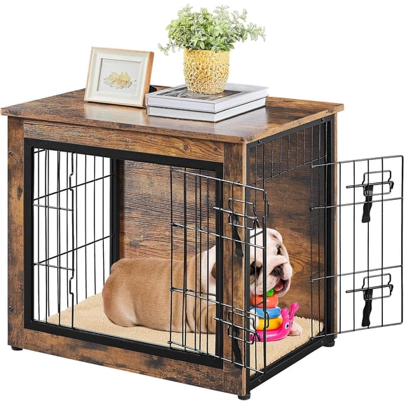 Sumsum 27.5 Inch Dog Crate Furniture with Cushion, Wooden Dog Kennel with Double Door Side End Table with Adjustable Feet for Small Medium Dogs