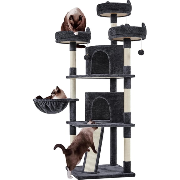 Sumsum 68.5in Cat Tree for Large Cats, Multi-Level Cat Tower with 3 Wide Perches, Large Condo, Stable Pet Play House w/Sisal-Covered Scratching Posts & Board, Black